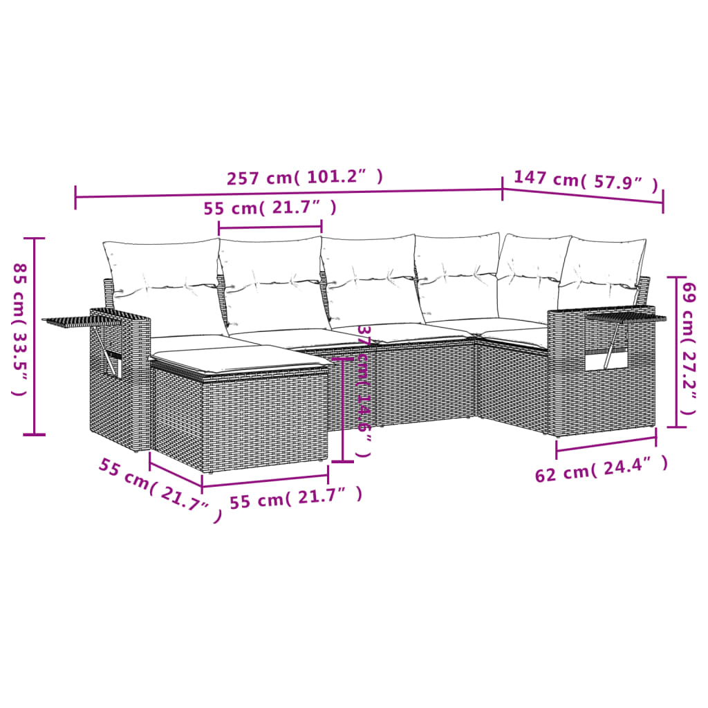 vidaXL 6-delige Loungeset met kussens poly rattan zwart