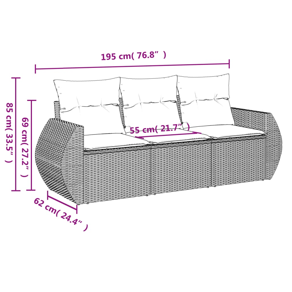 vidaXL 3-delige Loungeset met kussens poly rattan zwart