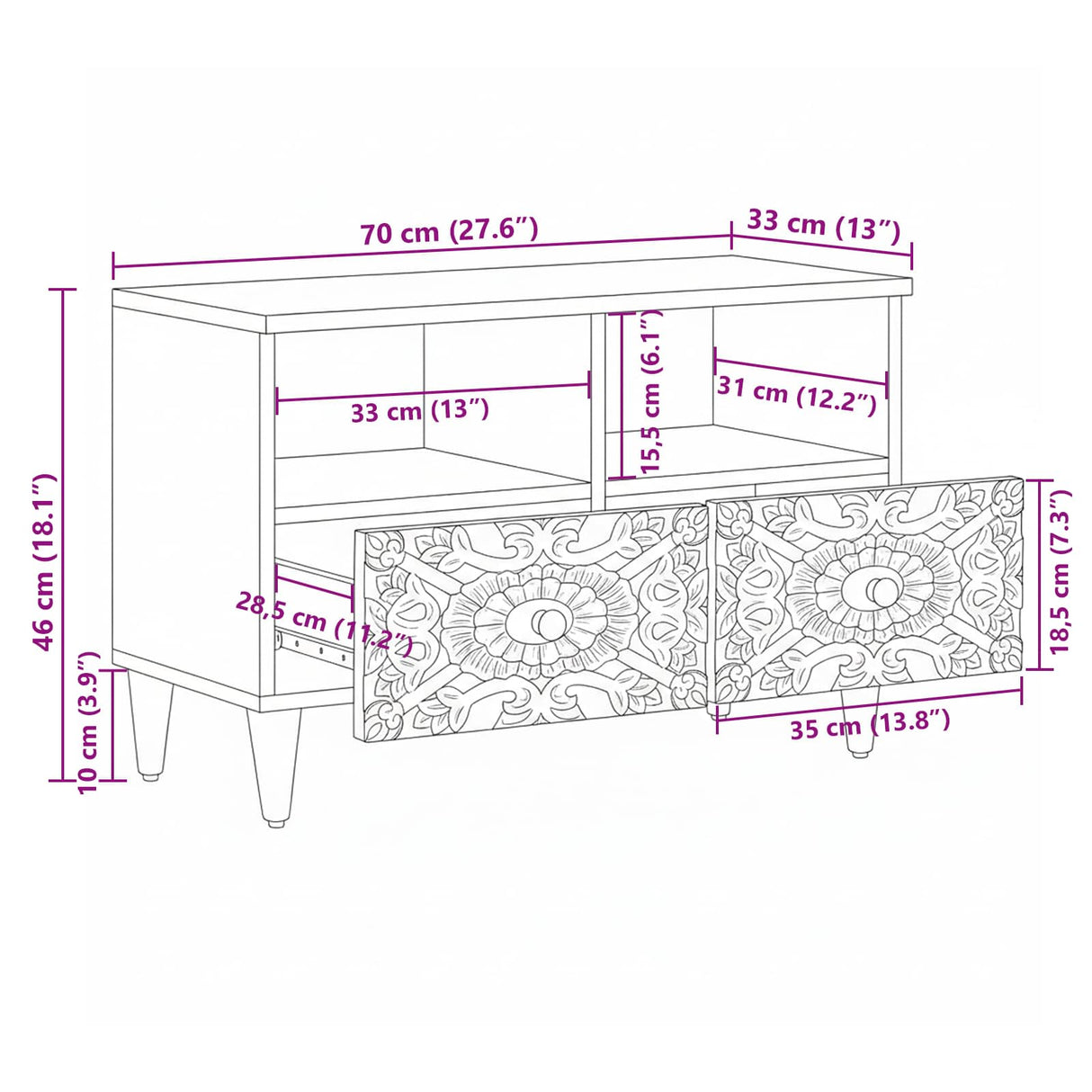 vidaXL TV Kast met opslag Wit 70 x 33,5 x 46 cm Massief Mango Hout