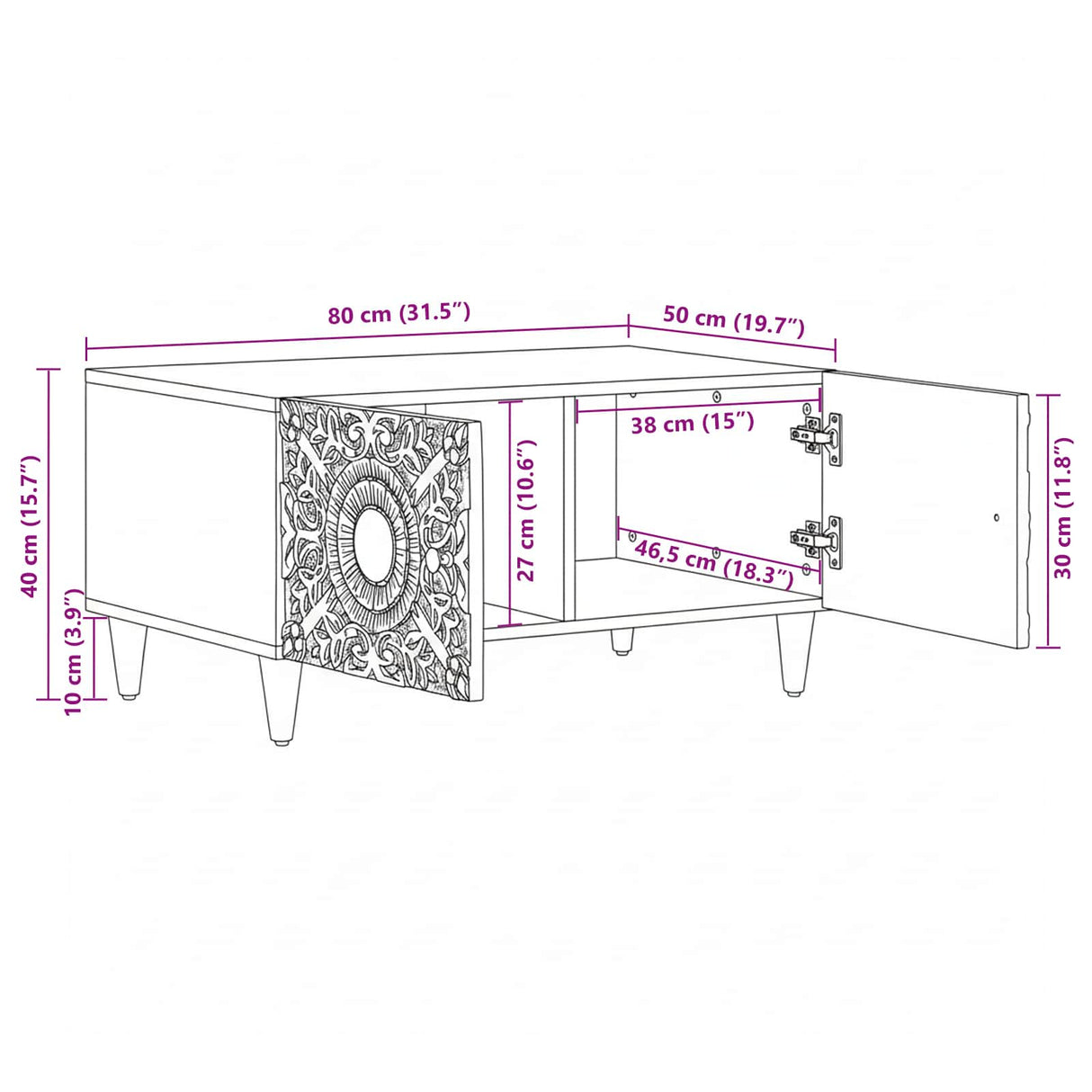 vidaXL Salontafel Wit 80 x 50 x 40 cm Massief Mango Hout