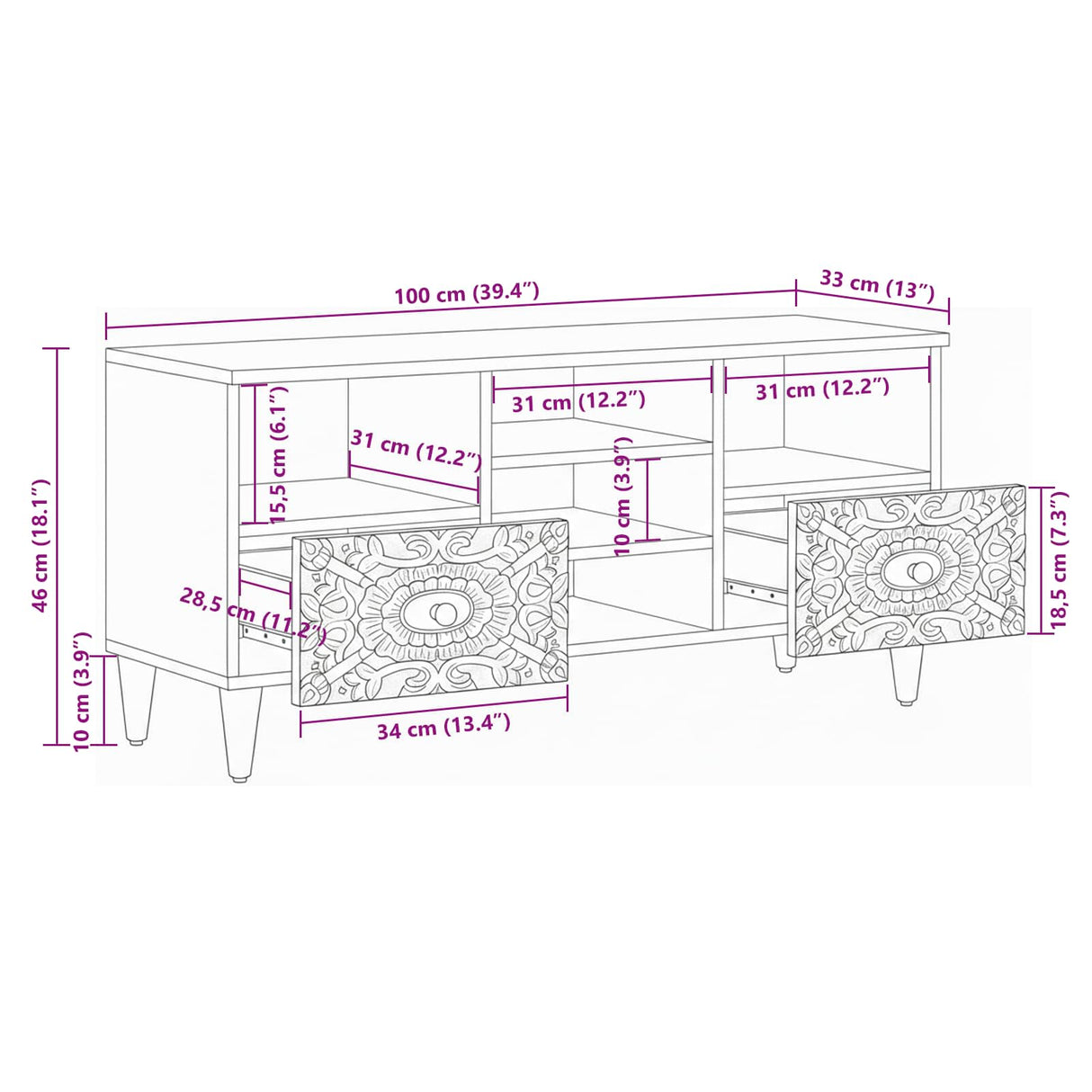 vidaXL Meuble TV avec tiroir Blanc 100 x 33,5 x 46 cm Bois de manguier massif
