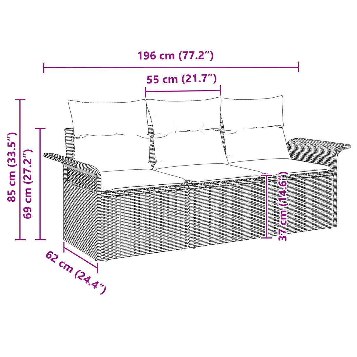 vidaXL Bankstel met kussen 3 pcs Bruin en Rood poly rattan