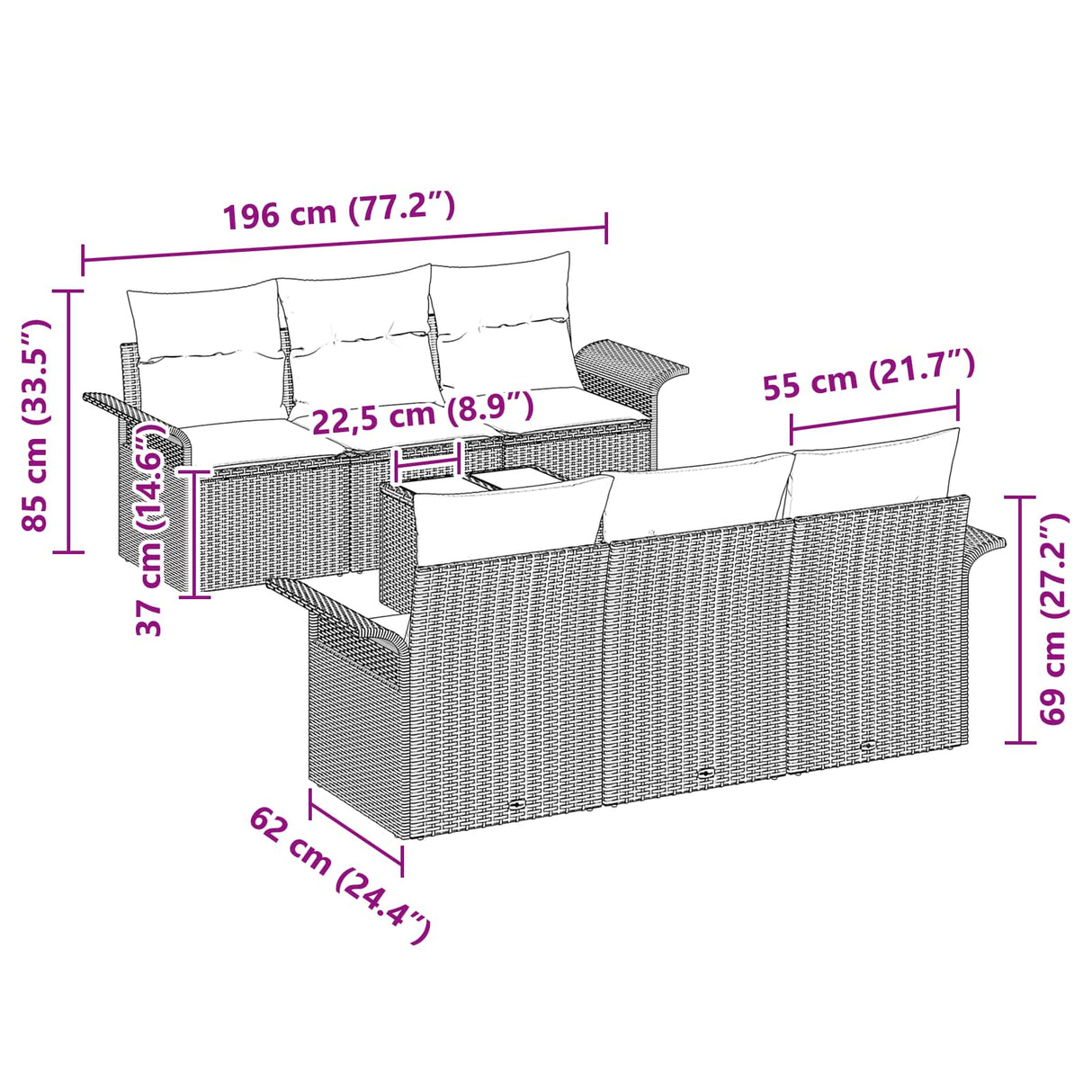 vidaXL Tuinbank Set met kussen 7 pcs Bruin poly rattan