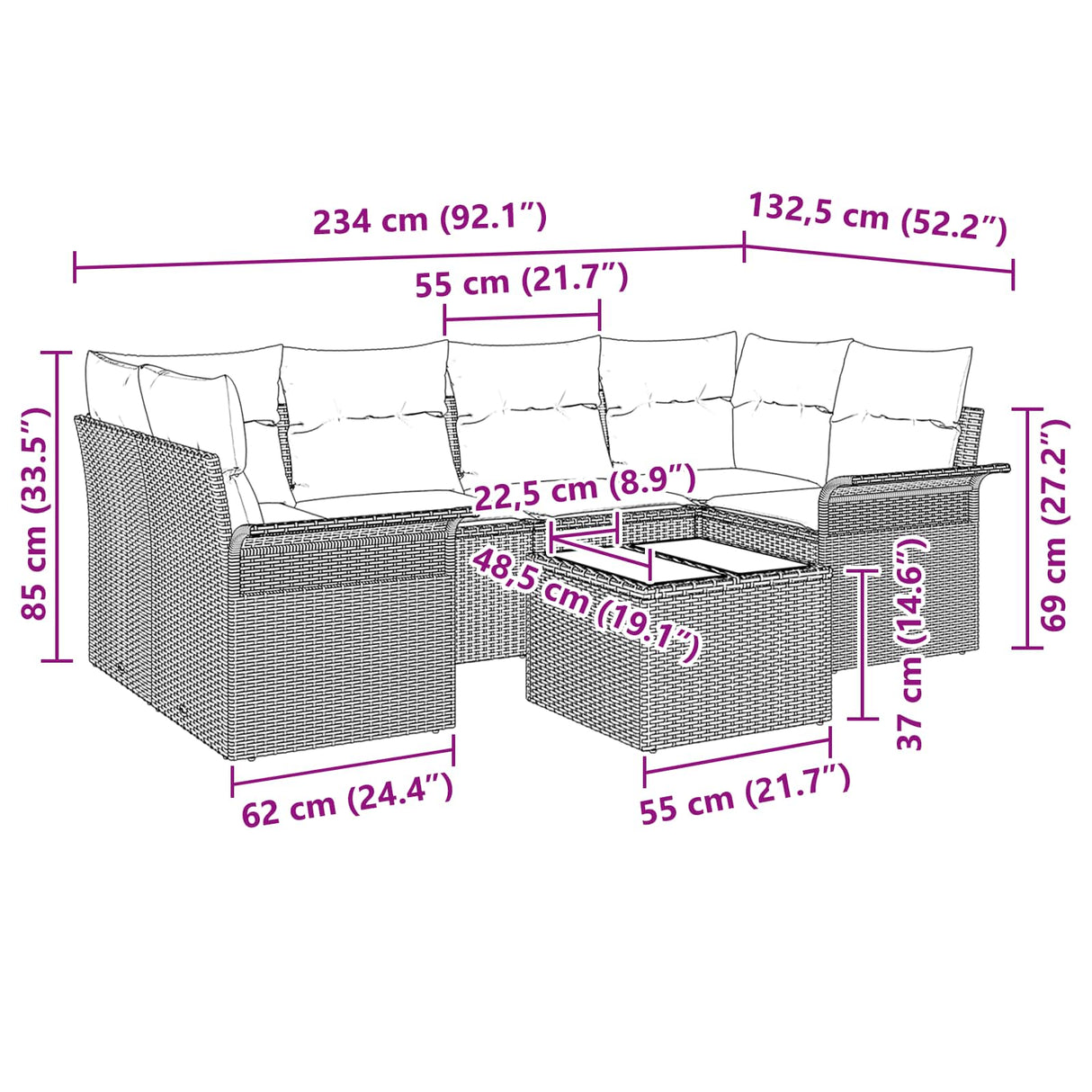 vidaXL Tuinbank Set met kussen 7 pcs Bruin poly rattan