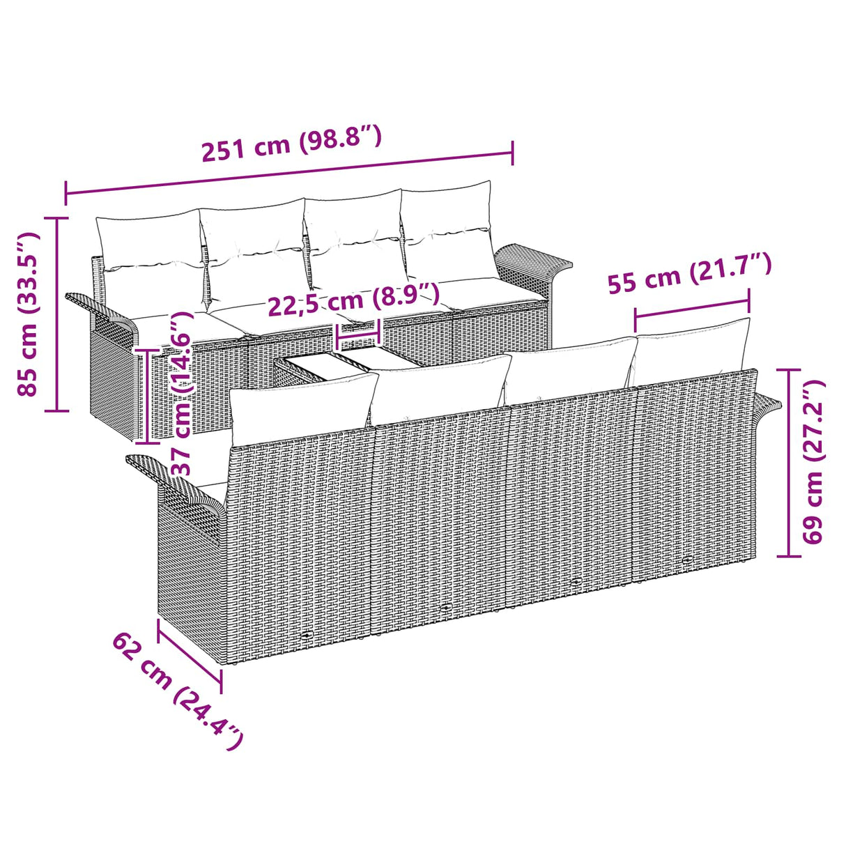 vidaXL Tuinbank Set met kussen 9 pcs Bruin poly rattan