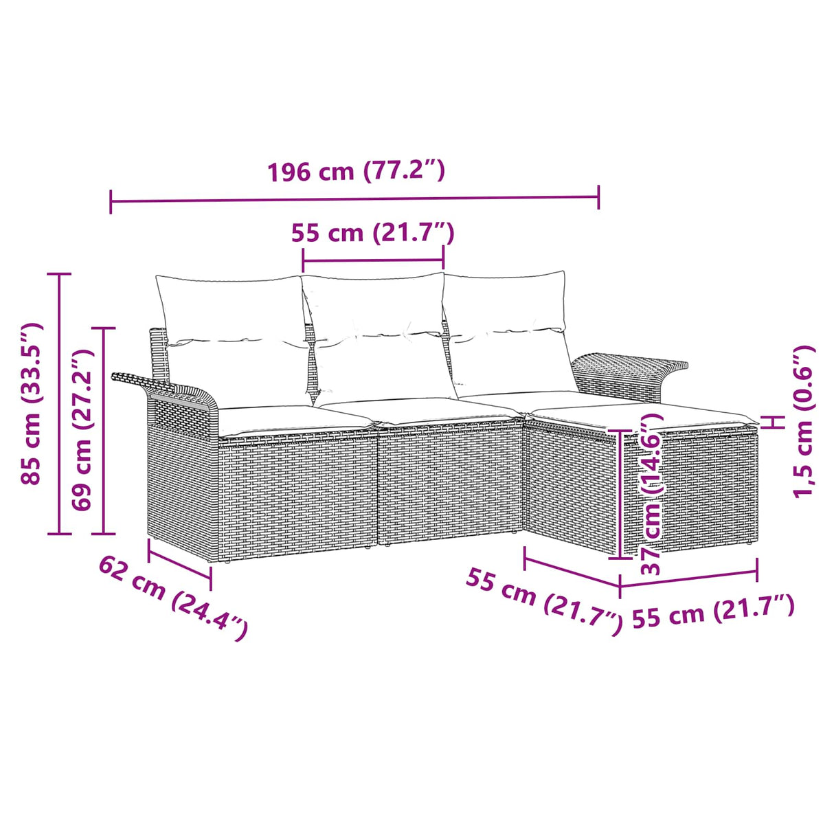 vidaXL Tuinbank Set met kussen 4 pcs Bruin poly rattan