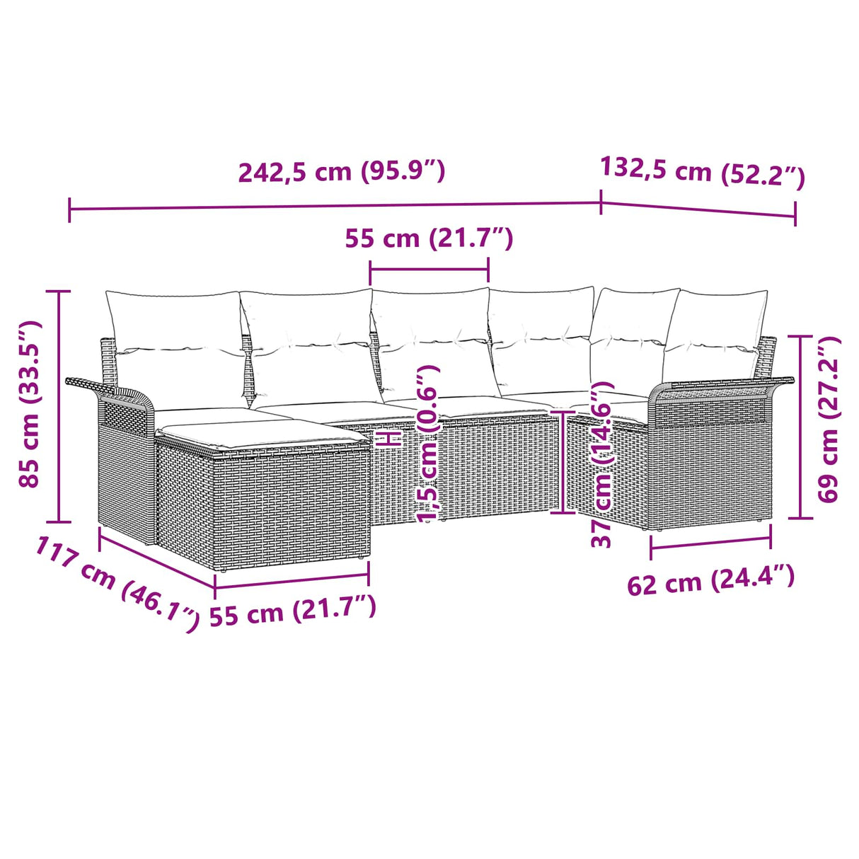 vidaXL Garden Sofa Set with Cushion 6 pcs Brown Poly Rattan