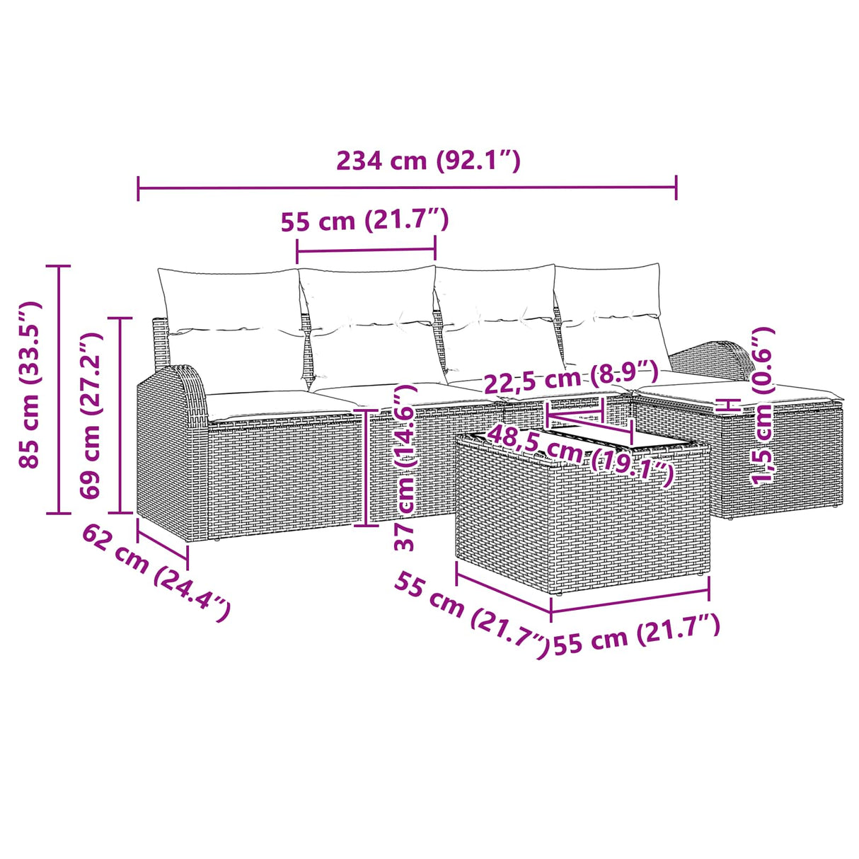 vidaXL Tuinbank Set 5 pcs Bruin poly rattan