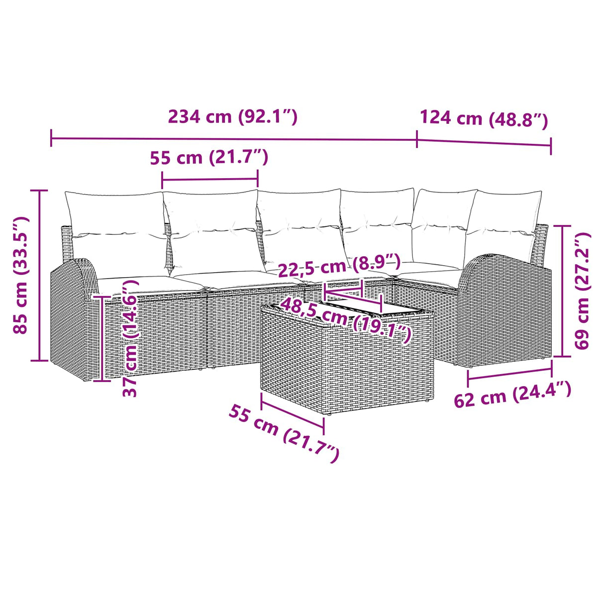 vidaXL Tuinbank Set 5 pcs Bruin poly rattan