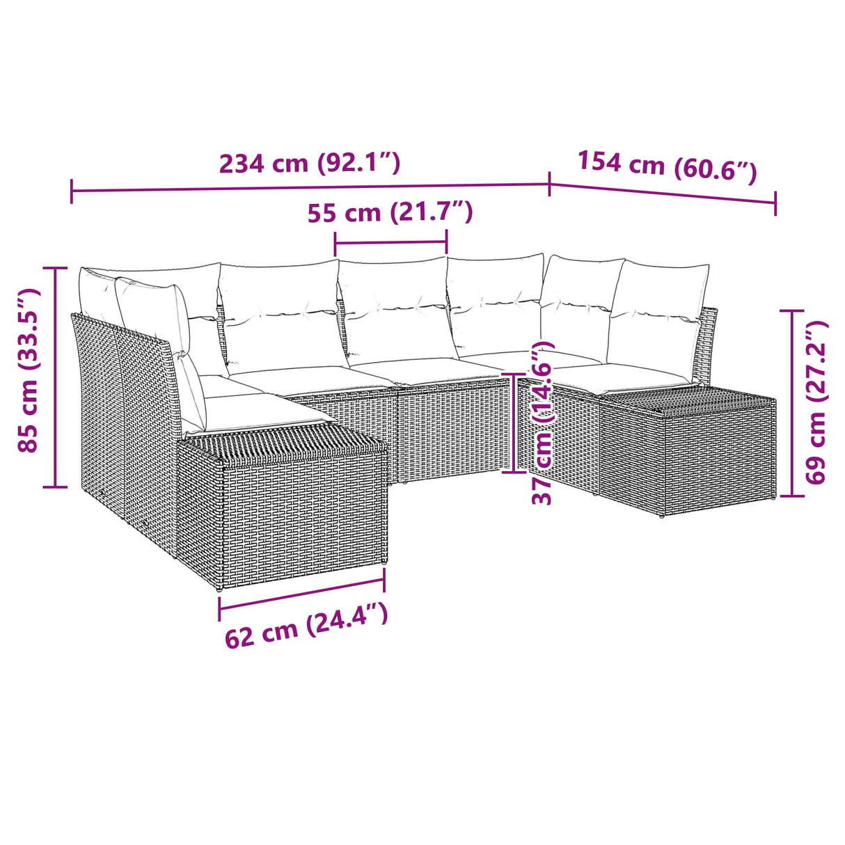 vidaXL Tuinbank Set met kussen 6 pcs Bruin poly rattan