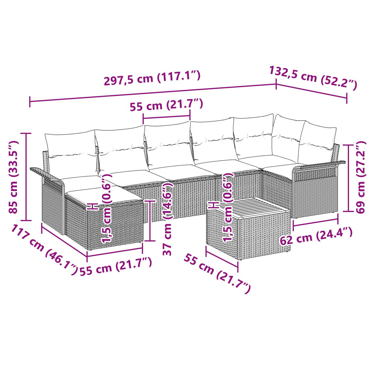 vidaXL Tuinbank Set met kussen 8 pcs Grijs poly rattan