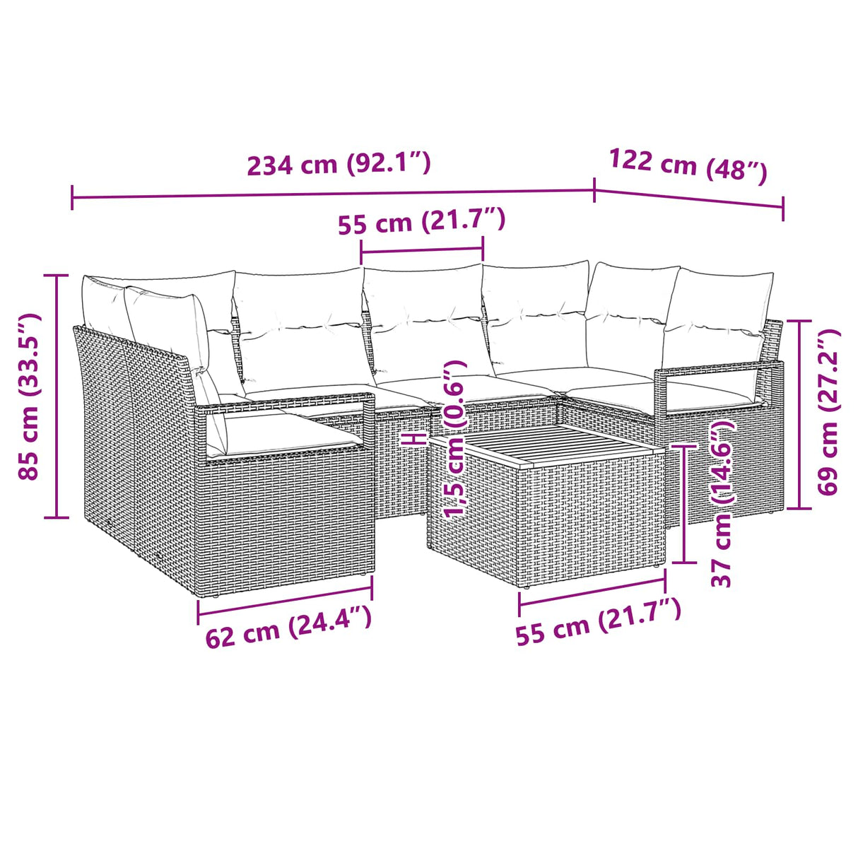 vidaXL Tuinbank Set met kussen 7 pcs Grijs poly rattan