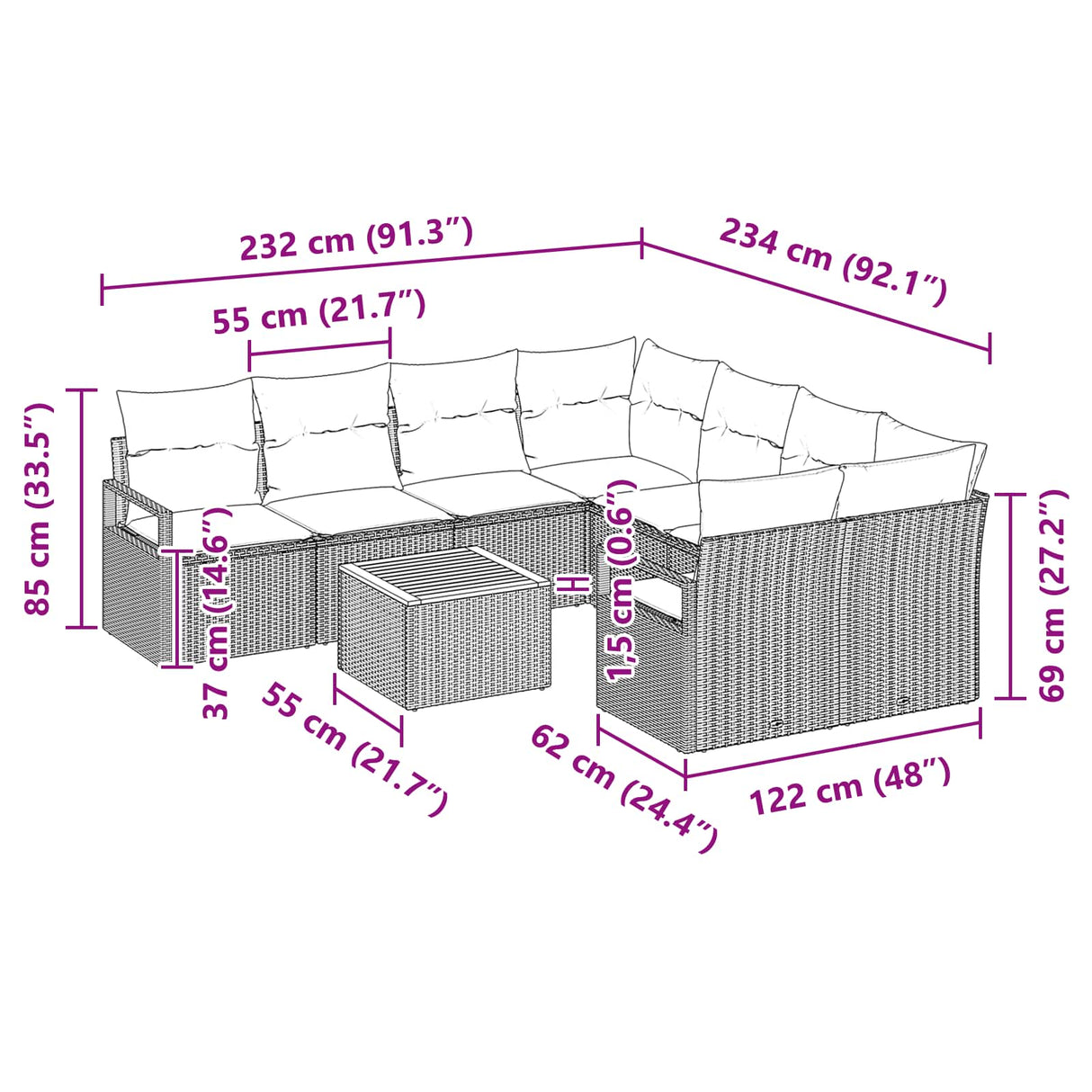 vidaXL Tuinbank Set met kussen 9 pcs Grijs poly rattan
