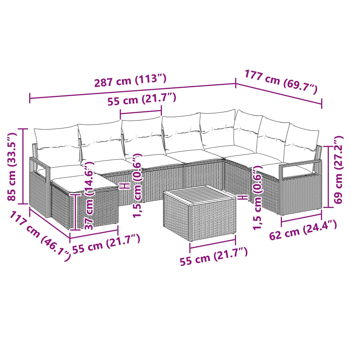 vidaXL Garden Sofa Set with cushions 9 pcs Grey poly rattan