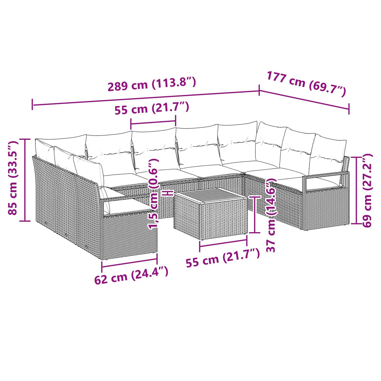 vidaXL Tuinbank Set met kussen 10 pcs Grijs poly rattan