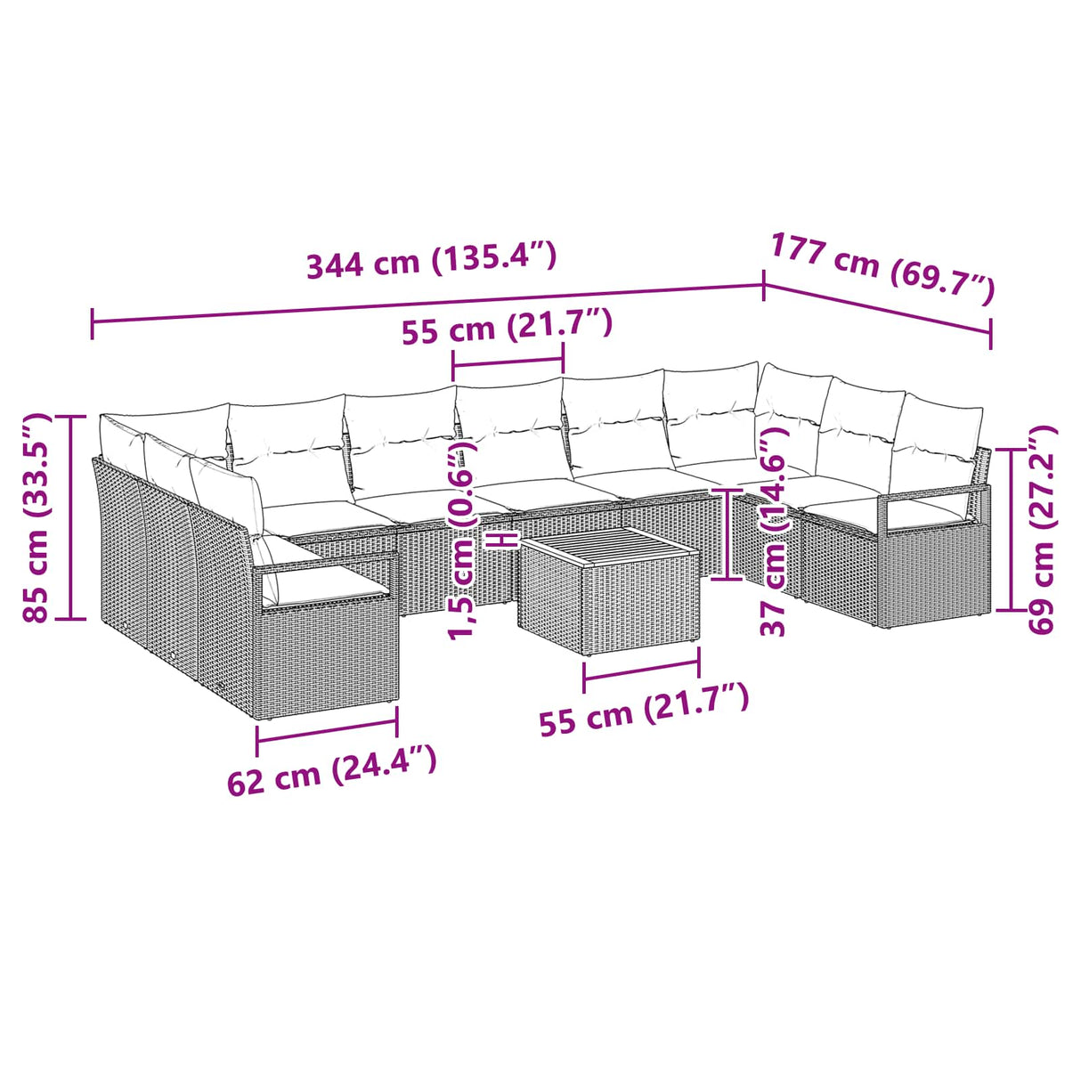 vidaXL Garden Lounge Set with Cushions 11 pcs Grey Polyrattan
