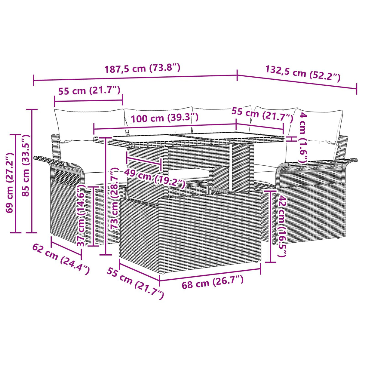 vidaXL Tuinbank Set met kussen 5 pcs Bruin poly rattan