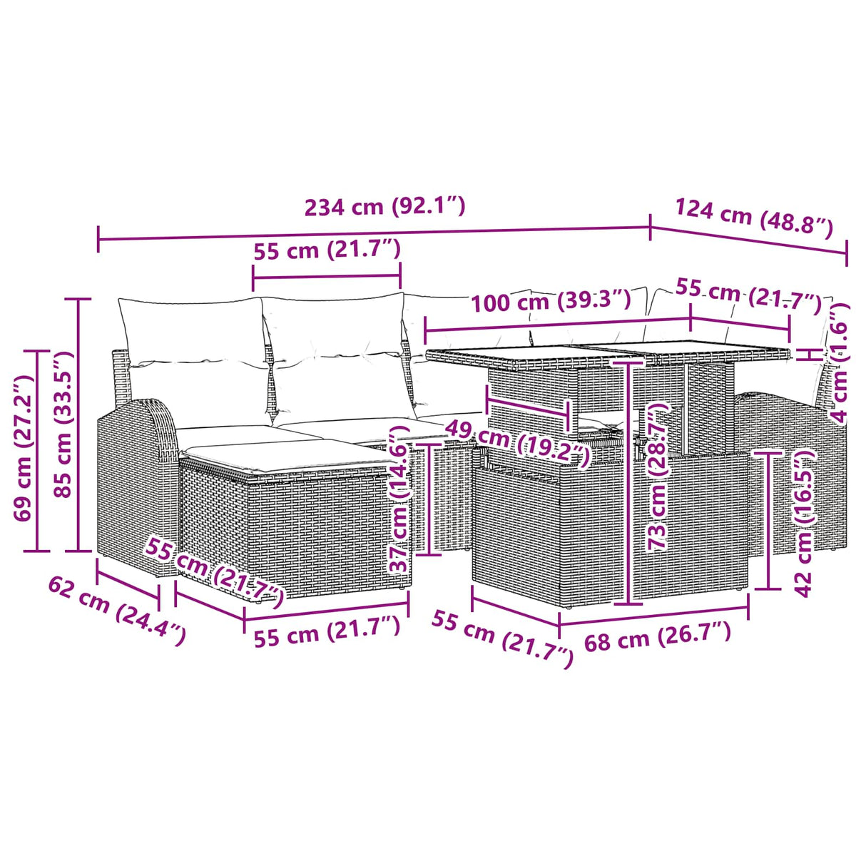 vidaXL Tuinbank Set met opslag 7 pcs Bruin en Rood poly rattan