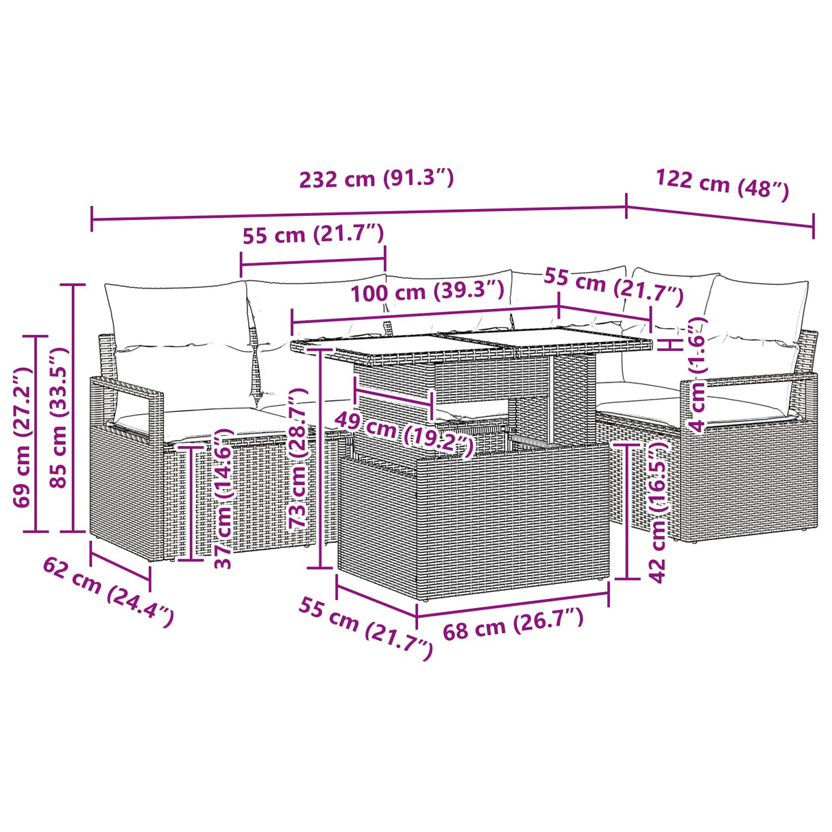 vidaXL Tuinbank Set met kussen 6 pcs Bruin en Rood poly rattan