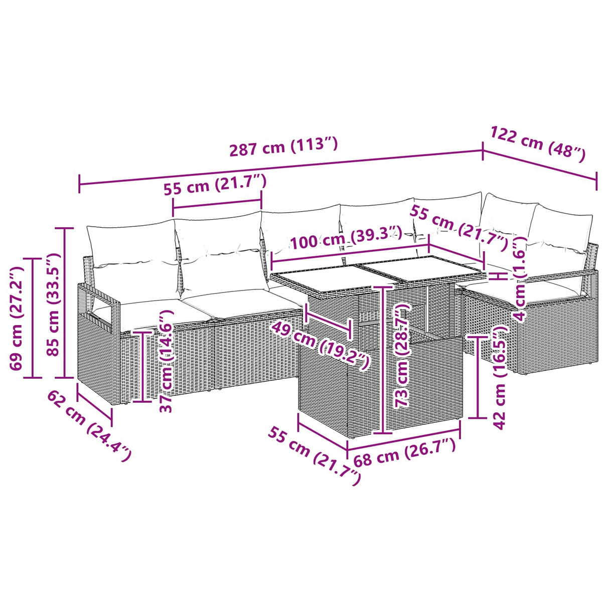 vidaXL Tuinbank Set met opslag 7 pcs Bruin en Rood poly rattan