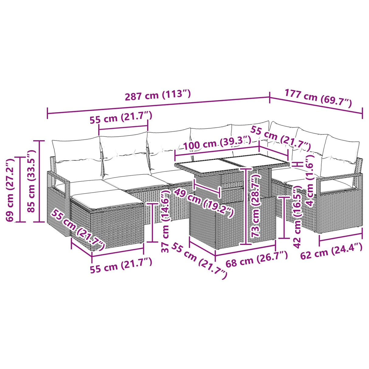 vidaXL Tuinbank Set met kussen 9 pcs Bruin en Rood poly rattan