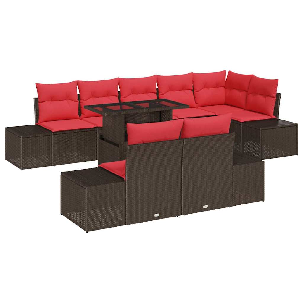 vidaXL Tuinbank Set met kussen 9 pcs Bruin en Rood poly rattan