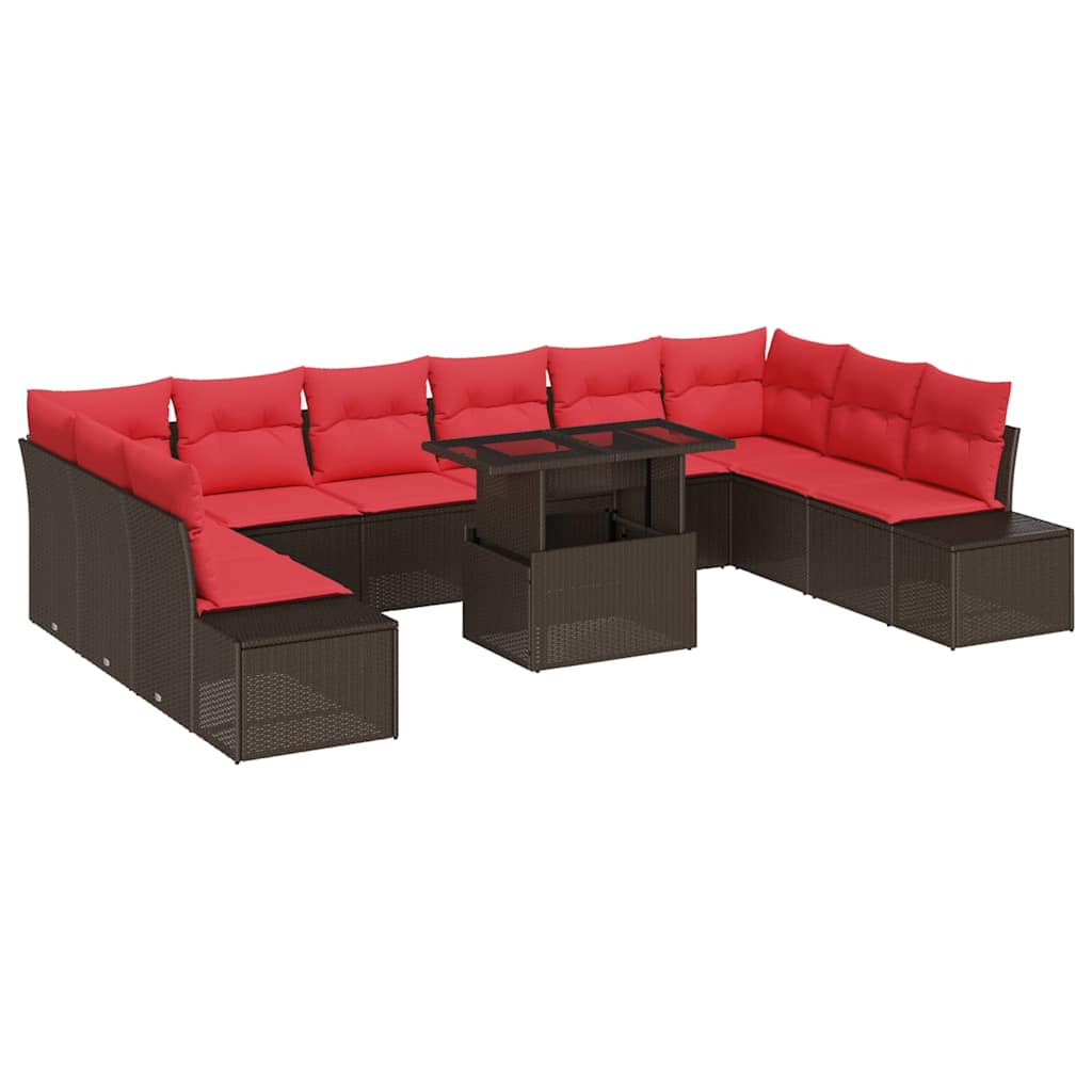 vidaXL Tuinbank Set met kussen 11 pcs Bruin en Rood poly rattan