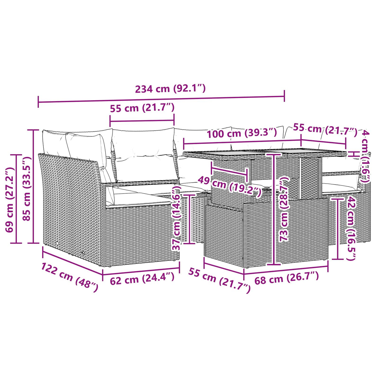 vidaXL Banc de jardin avec coussins 7 pcs gris et bleu marine