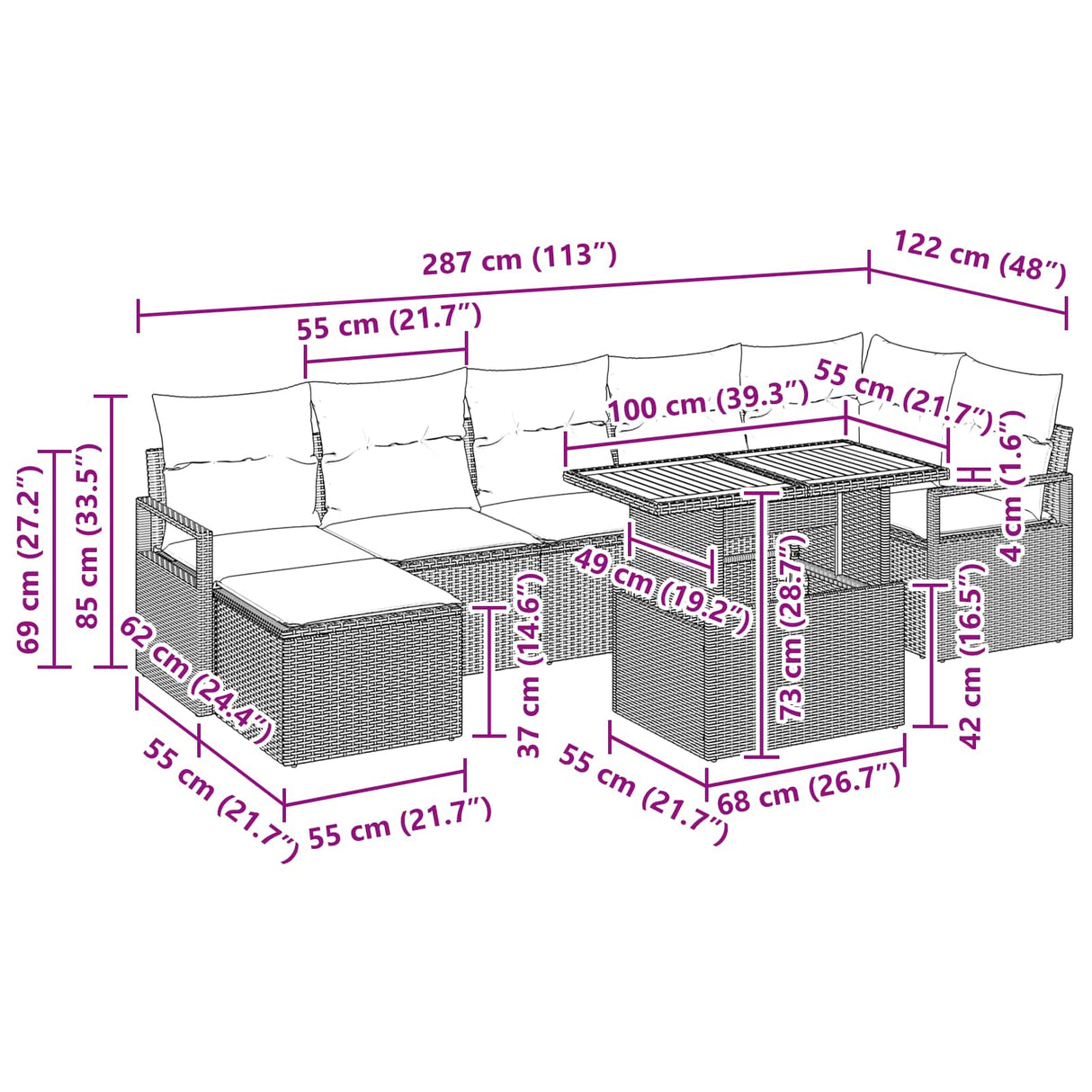 vidaXL Tuin Eettafel Set met kussen 8 pcs Grijs en Marineblauw