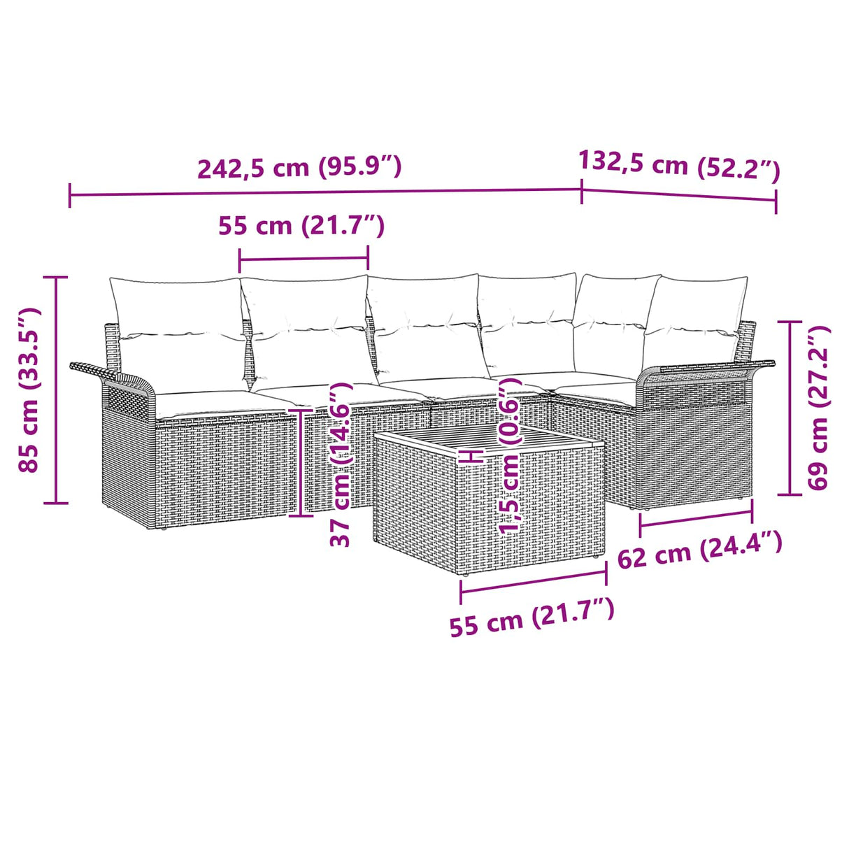vidaXL Tuinbank Set met opslag 6 pcs Grijs en Marineblauw poly rattan