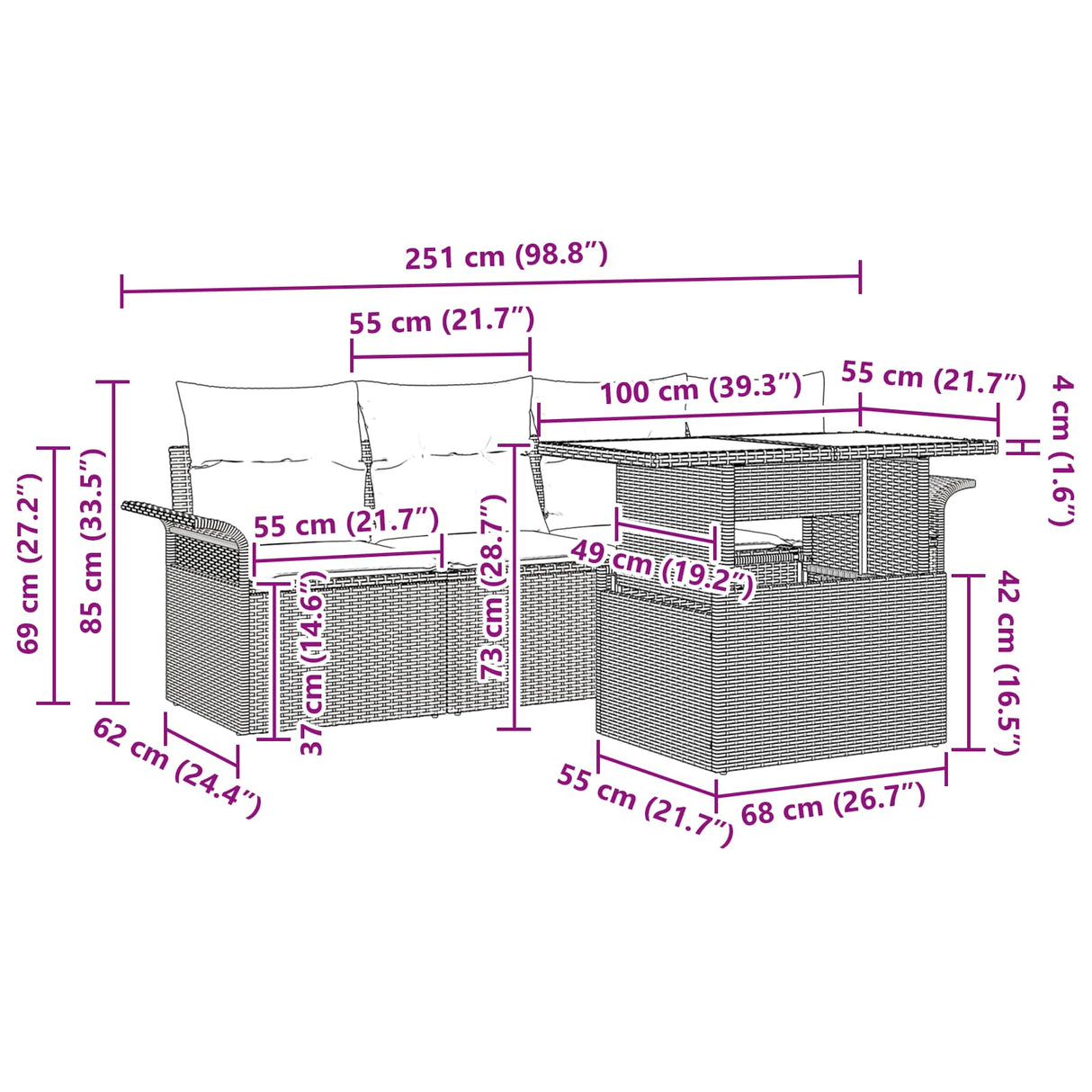 vidaXL Tuinbank Set met kussen met opslag 5 pcs Bruin Poly rattan
