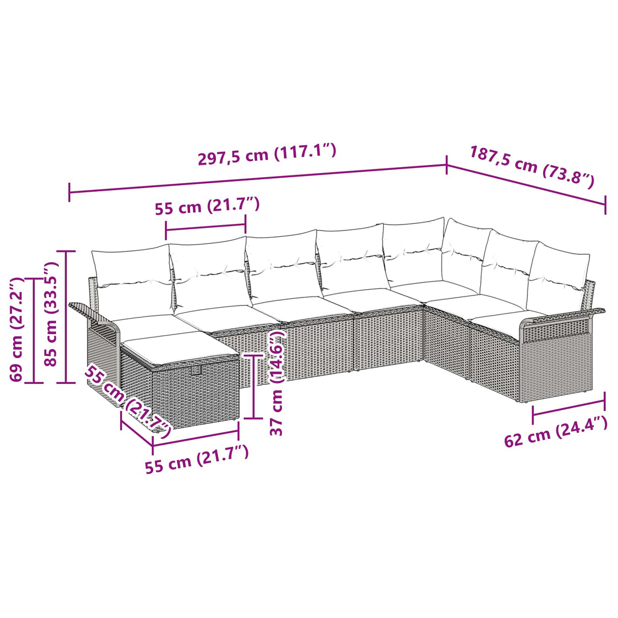 vidaXL Tuinbank Set met kussen 8 pcs Bruin en Rood poly rattan