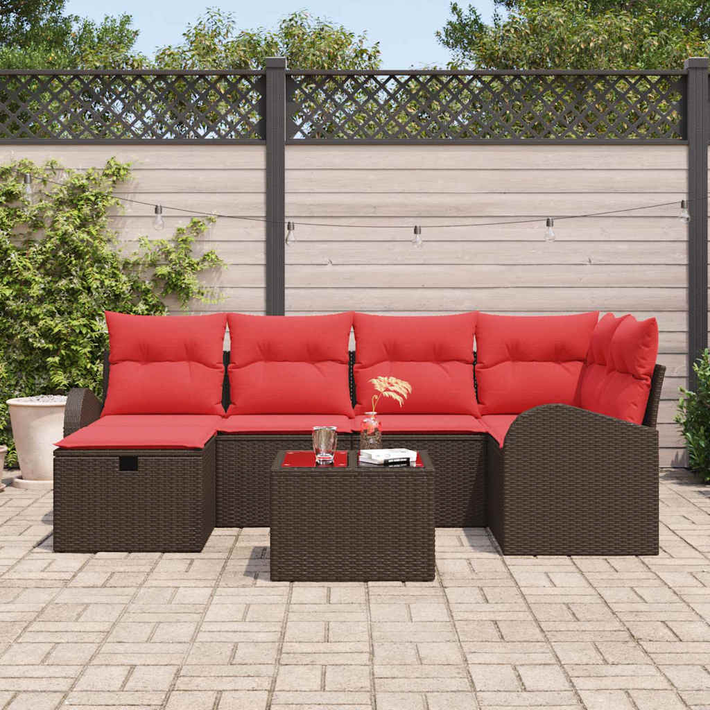 vidaXL Bankstel met kussen met opslag 6 pcs Bruin en Rood poly rattan