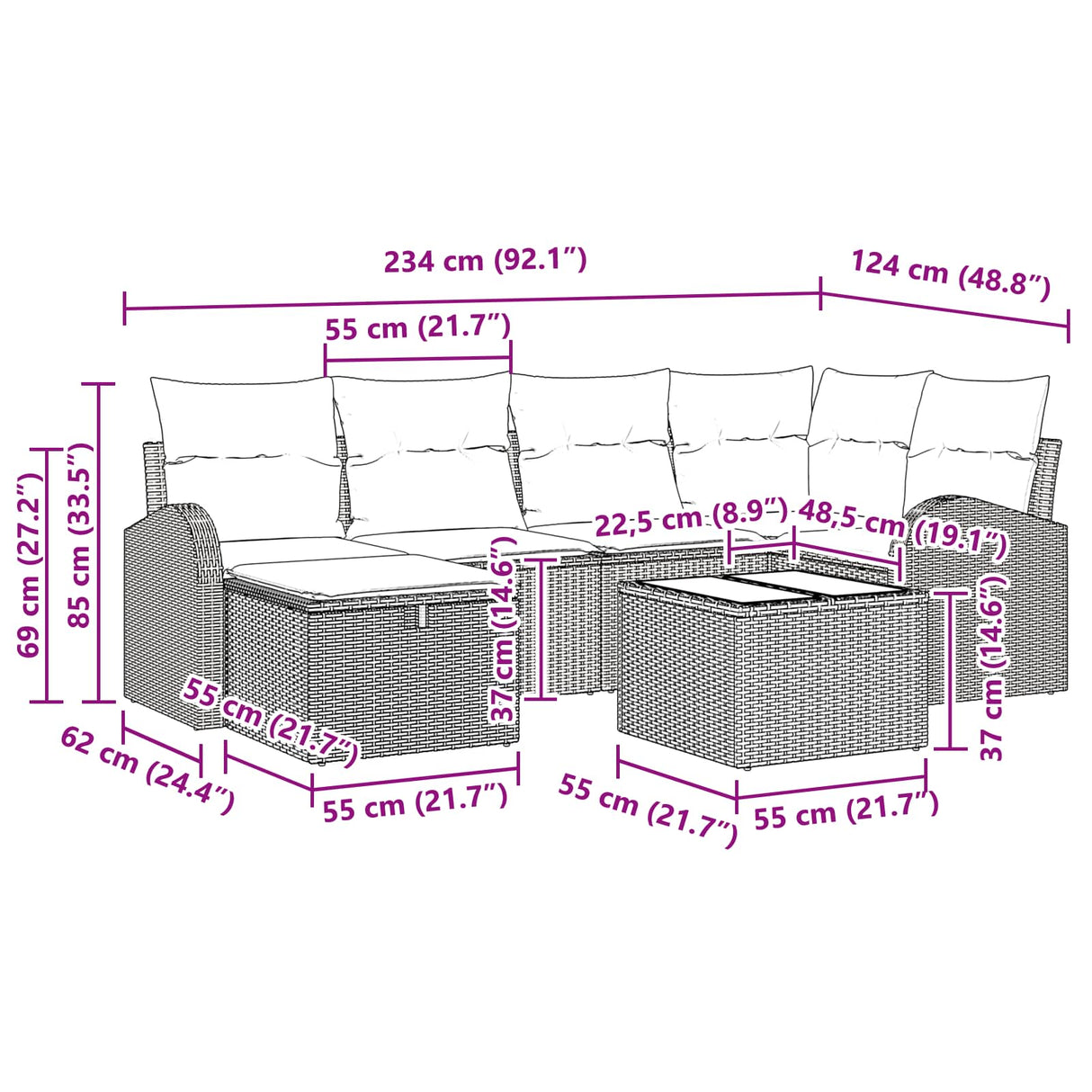 vidaXL Bankstel met kussen met opslag 6 pcs Bruin en Rood poly rattan