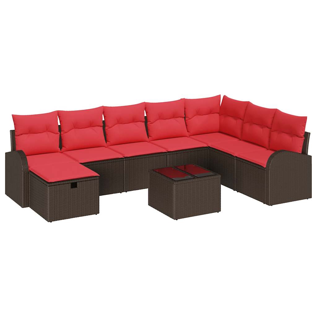 vidaXL Bankstel met kussen met opslag Bruin en Rood poly rattan