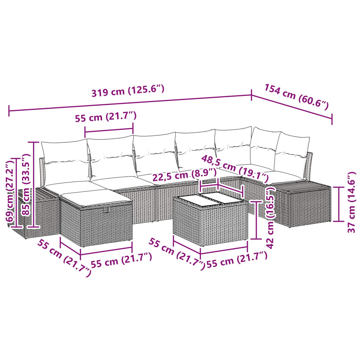 vidaXL Tuinbank Set met kussen 7 pcs Bruin poly rattan