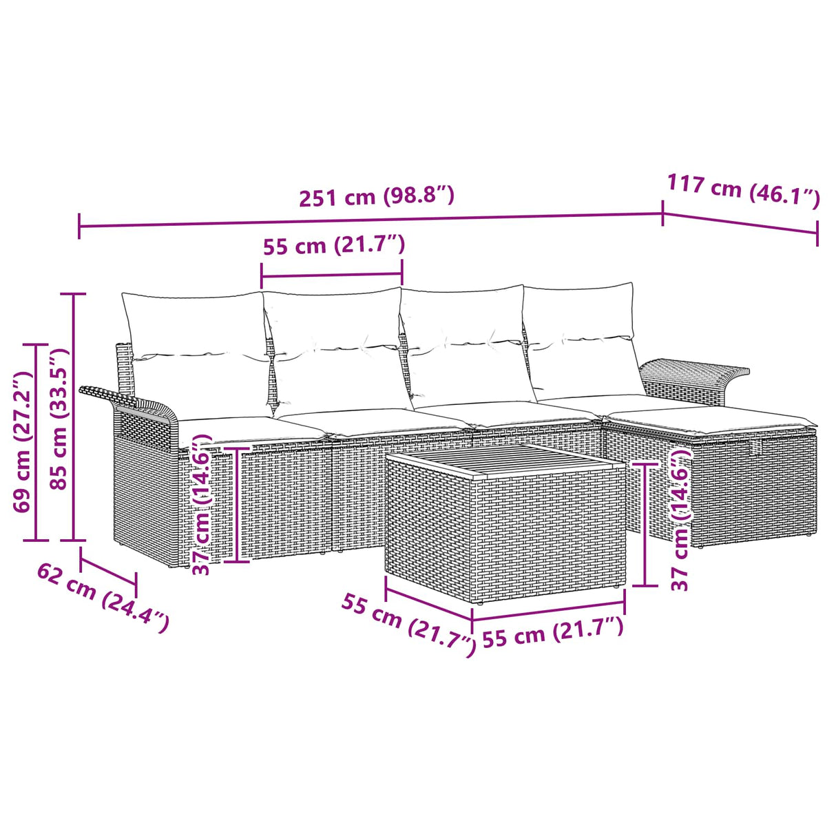 vidaXL Tuinbank Set met kussen met opslag 6 pcs Grijs poly rattan