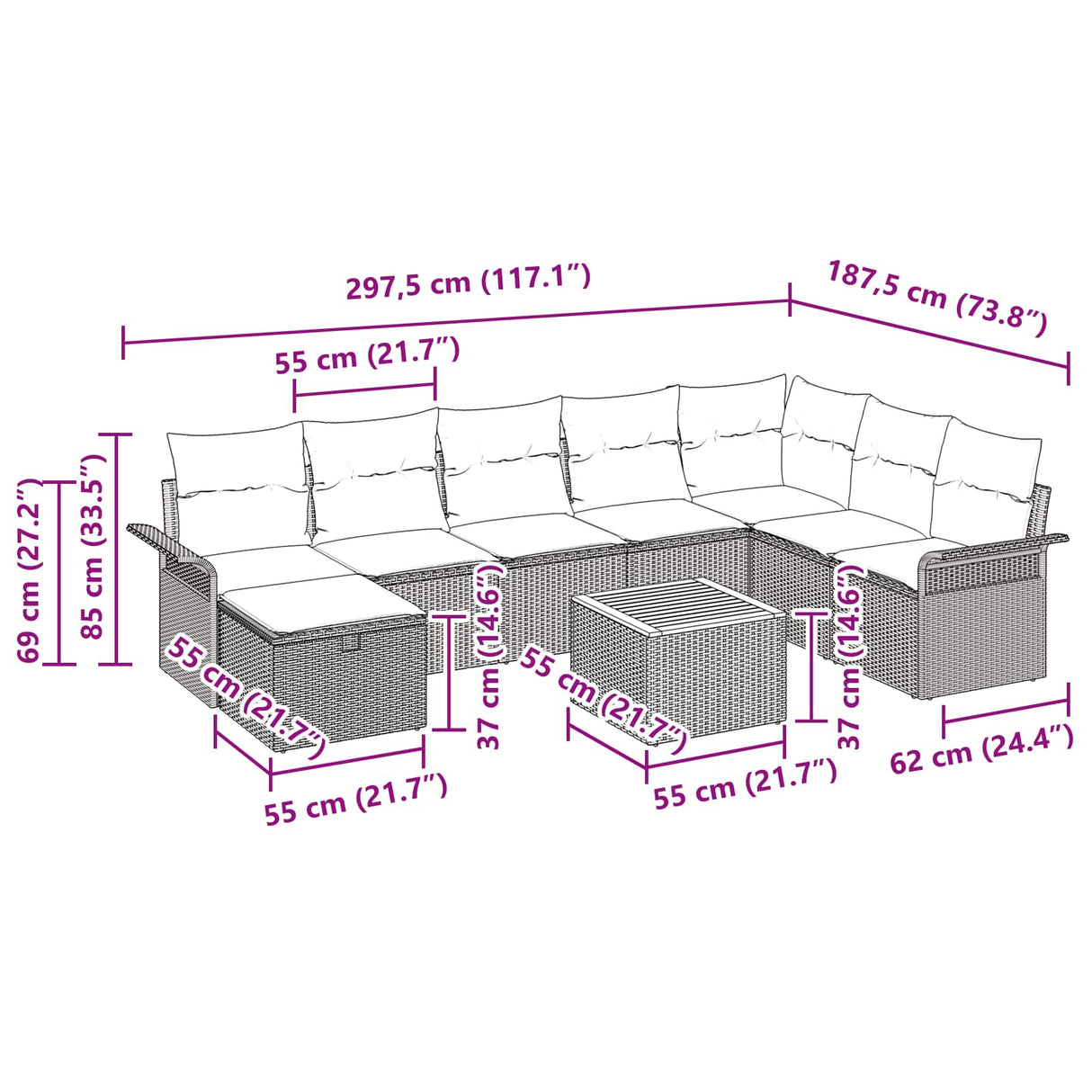 vidaXL Garden Sofa Set with Cushion and Storage 9 pcs Grey poly rattan