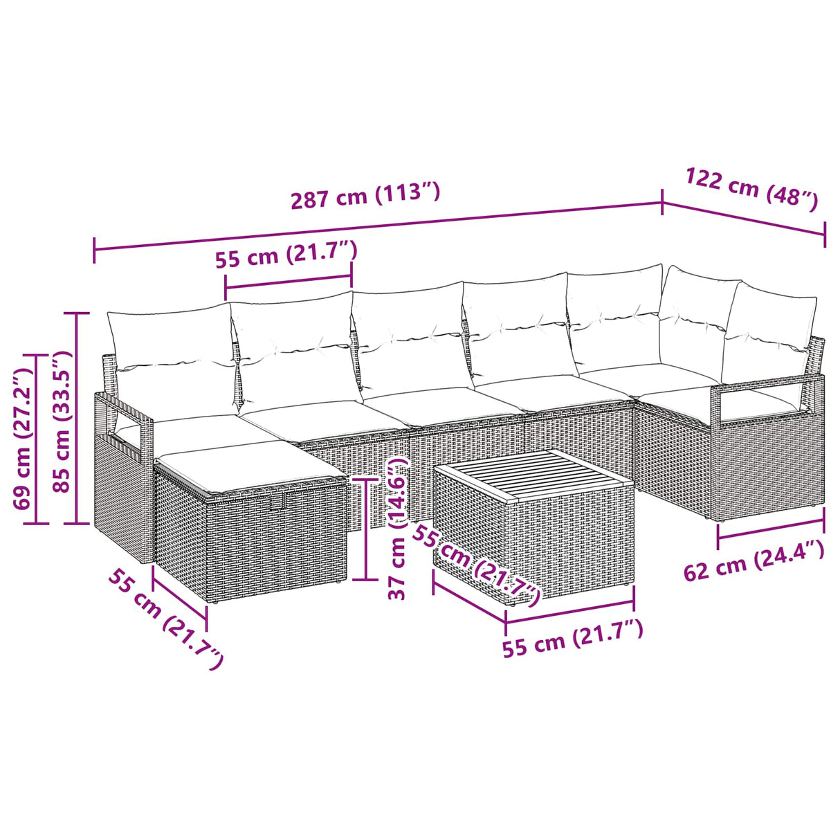vidaXL Tuinbank Set met kussen met opslag 8 pcs Grijs poly rattan