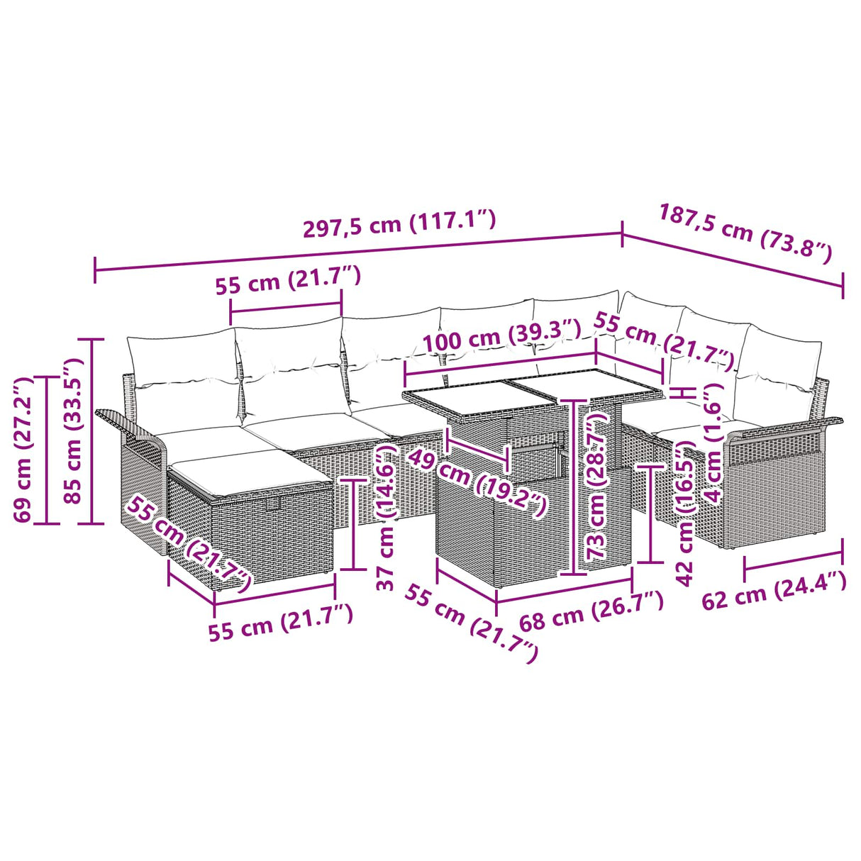 vidaXL Tuinbank Set met kussen met opslag 9 pcs Bruin Poly rattan