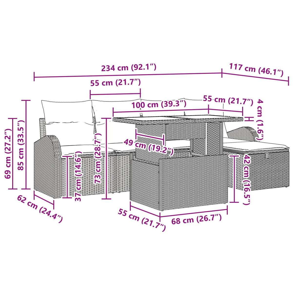 vidaXL Tuinbank Set met kussen met opslag 6 pcs Bruin poly rattan