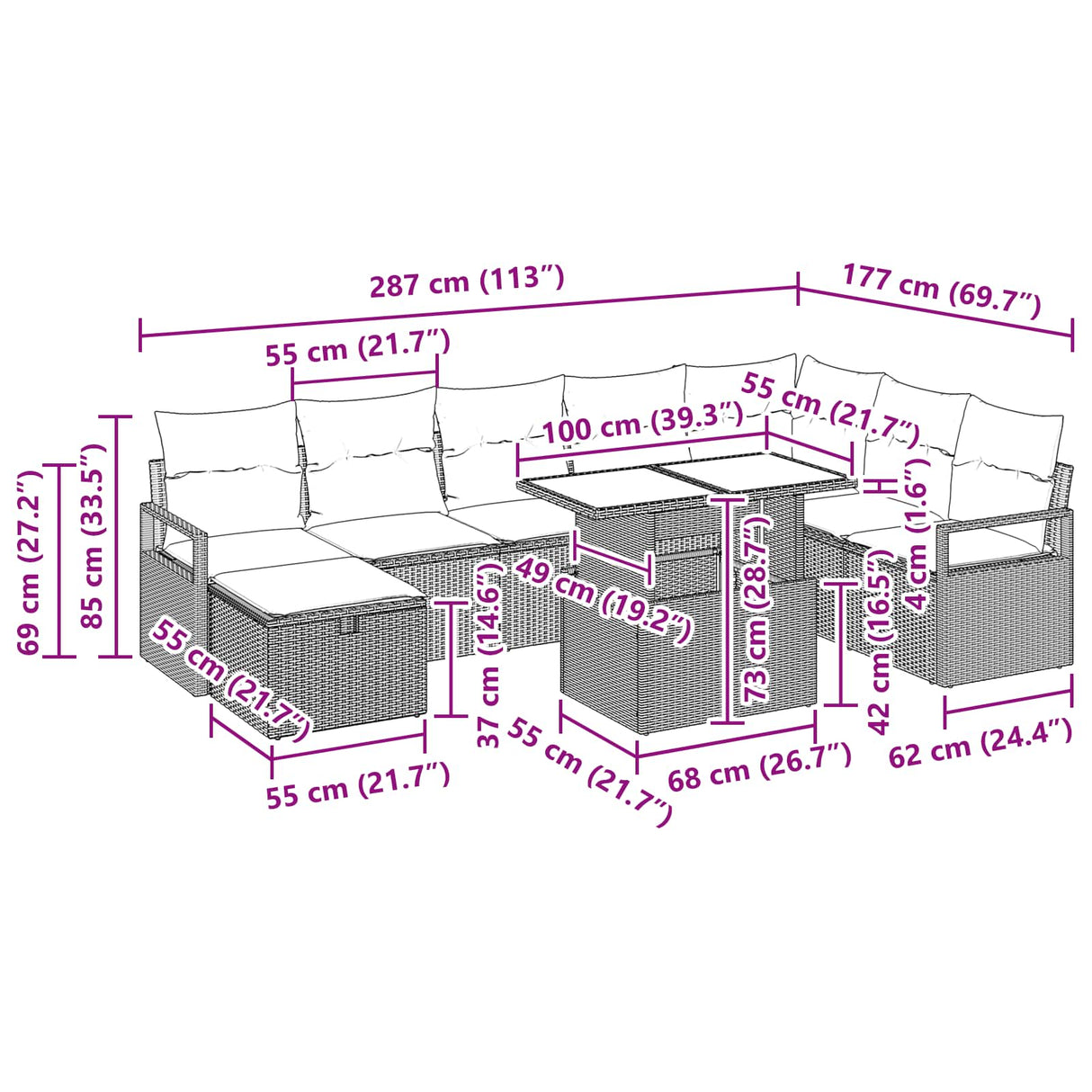 vidaXL Ensemble de banquettes de jardin avec coussin et rangement 9 pcs résine tressée