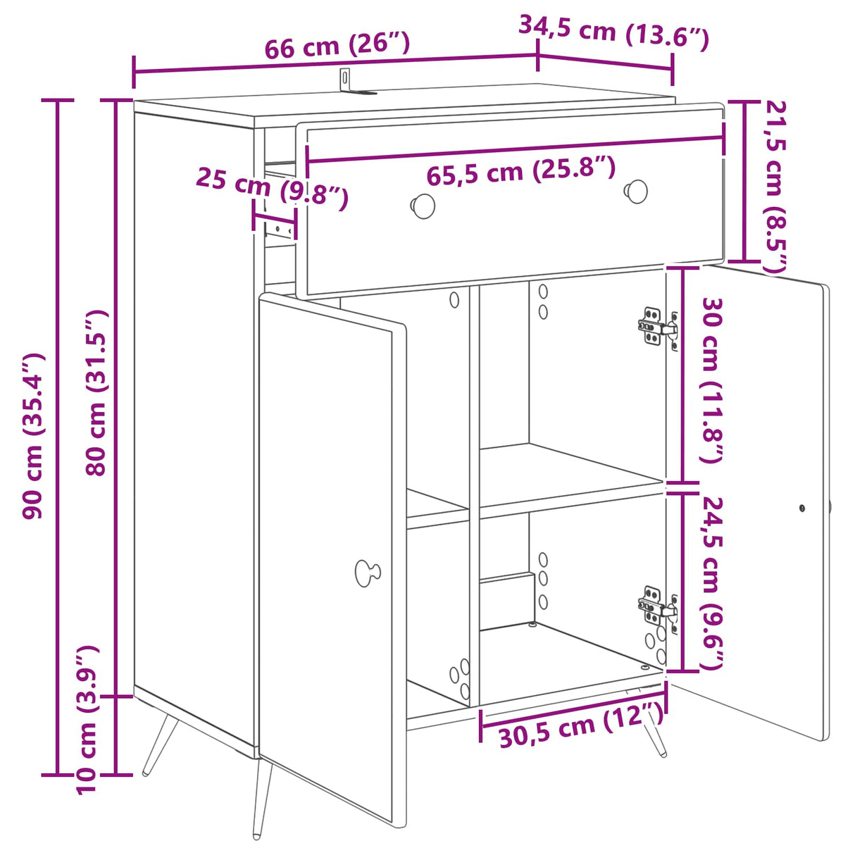 vidaXL Dressoir met lade Zwart 66 x 34,5 x 90 cm Bewerkt hout