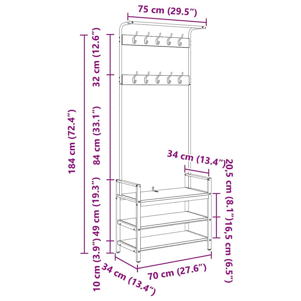 vidaXL Coat Rack with Shelf Black Oak 75 x 34 x 184 cm Engineered Wood