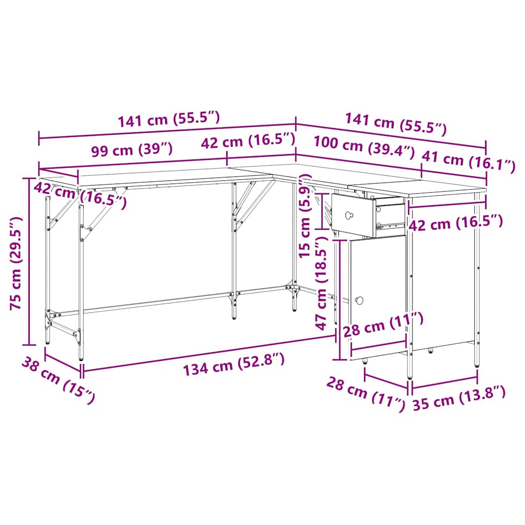 vidaXL Bureau 141x141x75 cm bewerkt hout zwart