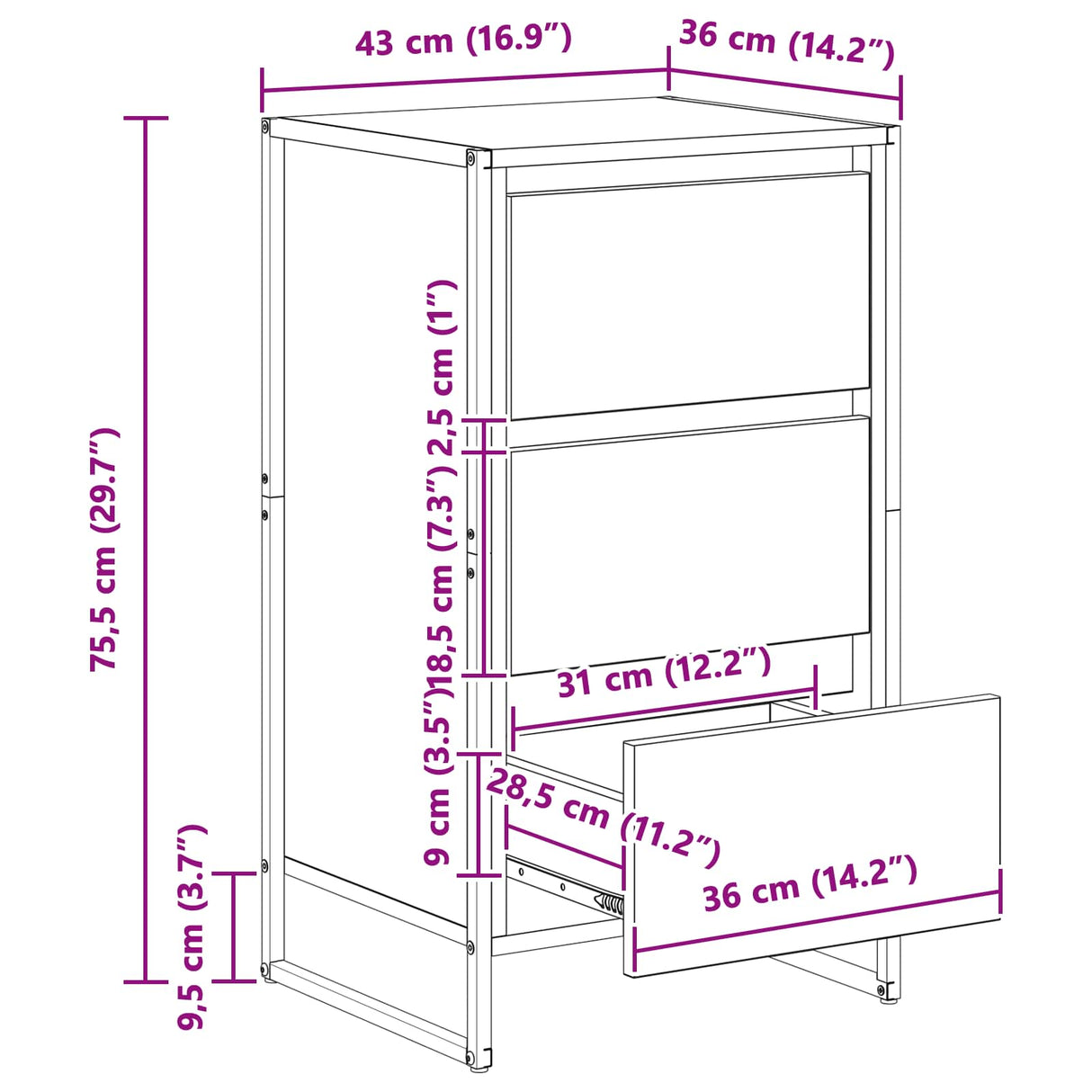 vidaXL Dressoir met lade Zwart Eiken 42 x 36 x 75,5 cm Bewerkt hout