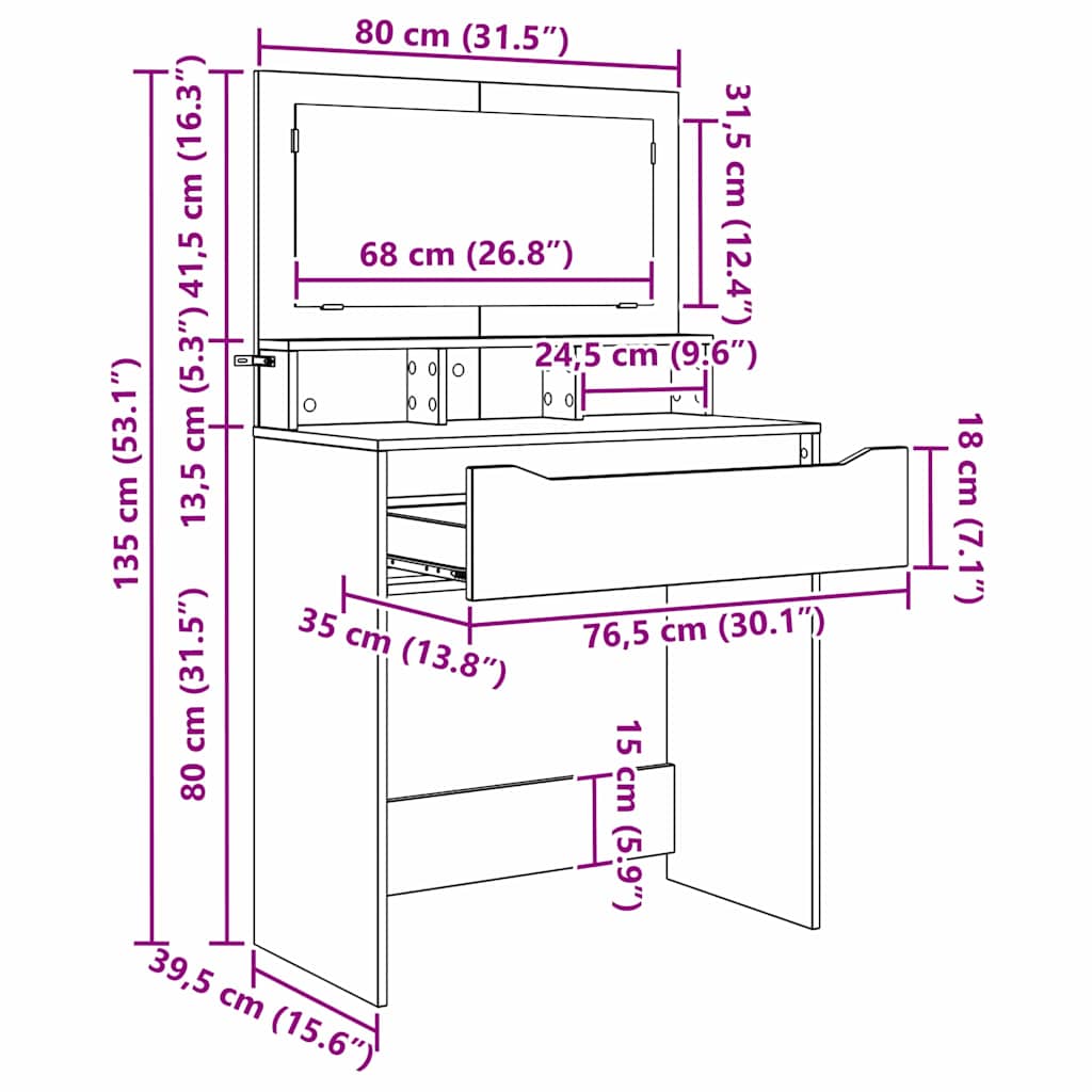 vidaXL Bedroom Dressing Tables White 80 x 39.6 x 135 cm Engineered Wood