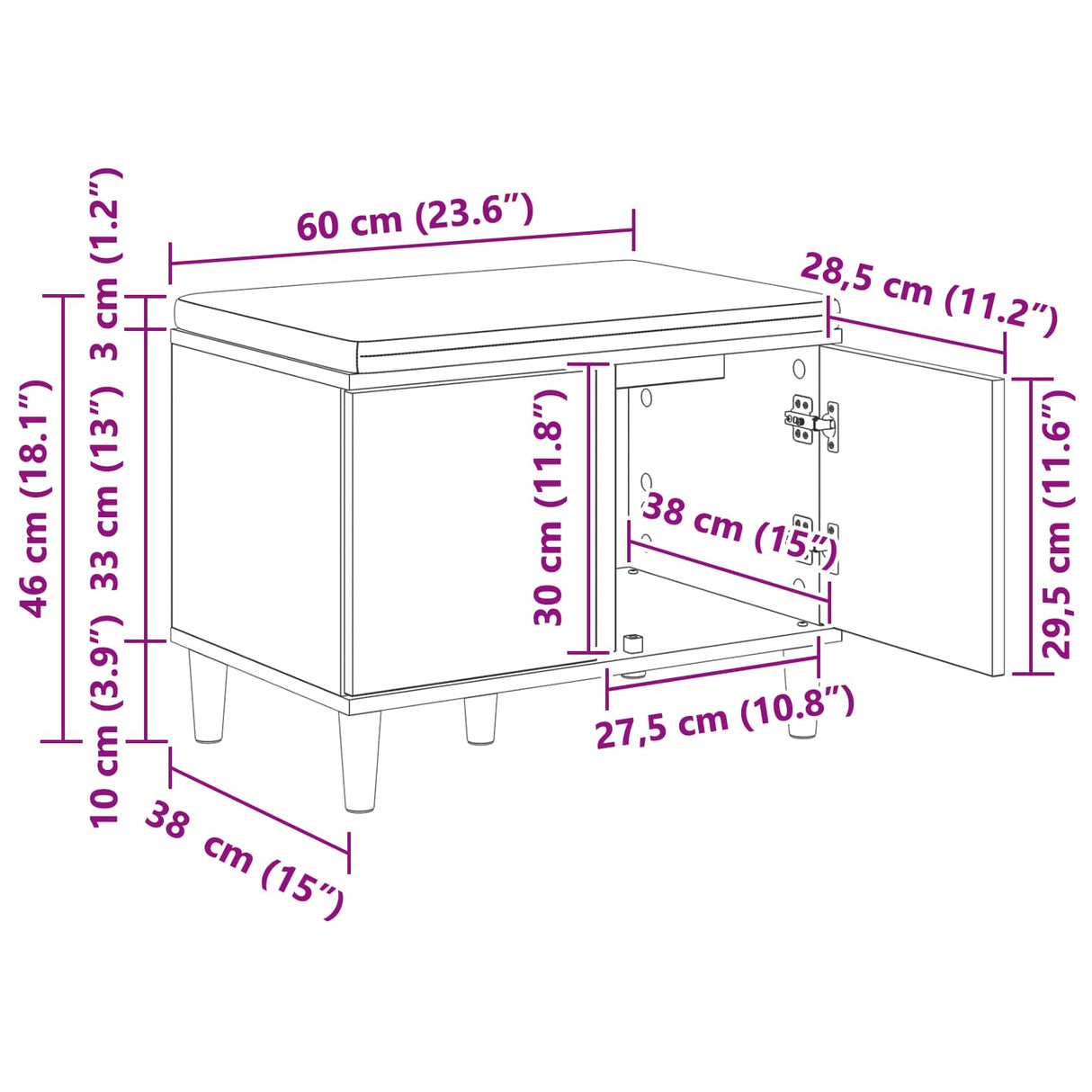 vidaXL Hallway Bench White 60 x 38 x 46 cm Engineered Wood and Fabric
