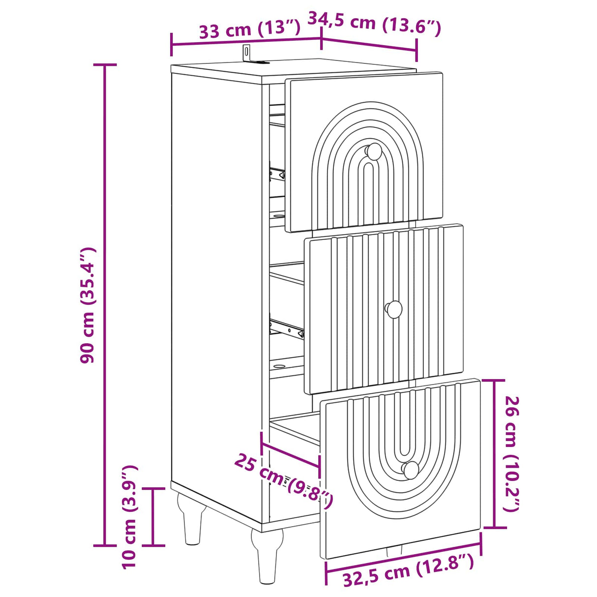 vidaXL Ladekast Wit 33 x 34,5 x 90 cm Bewerkt hout