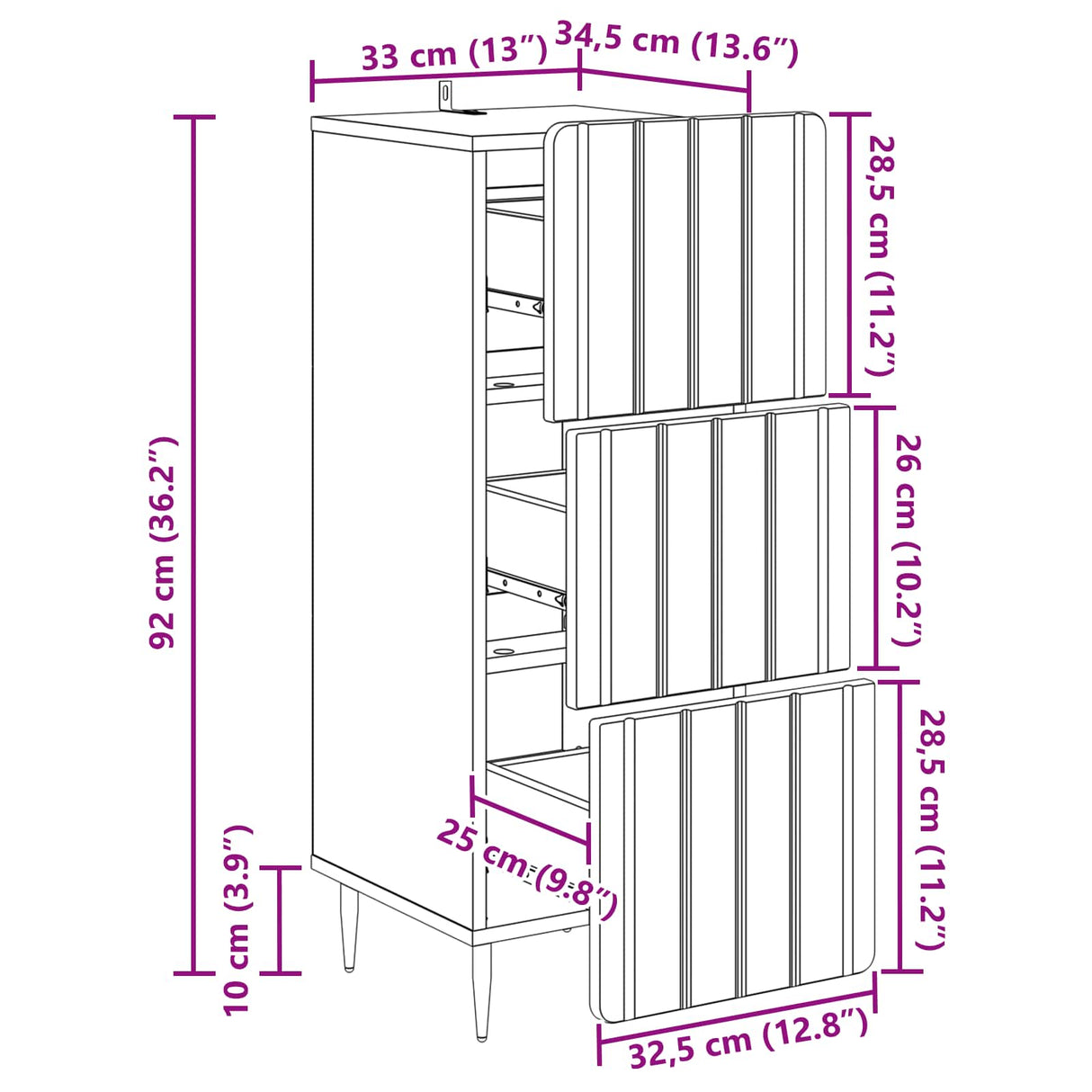 vidaXL Ladekast Wit 33 x 34,5 x 92 cm Bewerkt hout